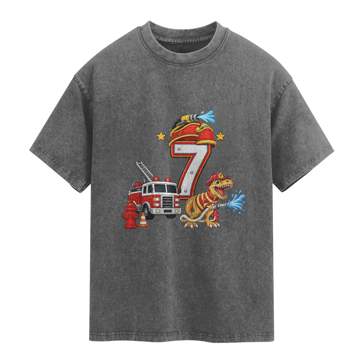 7th Birthday Firefighter Dinosaur Washed Cotton T-Shirt Fire Engine Seven Year Old Party Kids