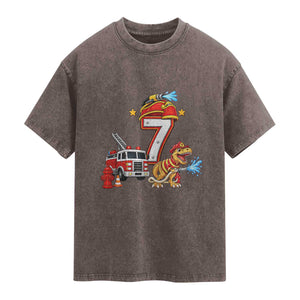 7th Birthday Firefighter Dinosaur Washed Cotton T-Shirt Fire Engine Seven Year Old Party Kids