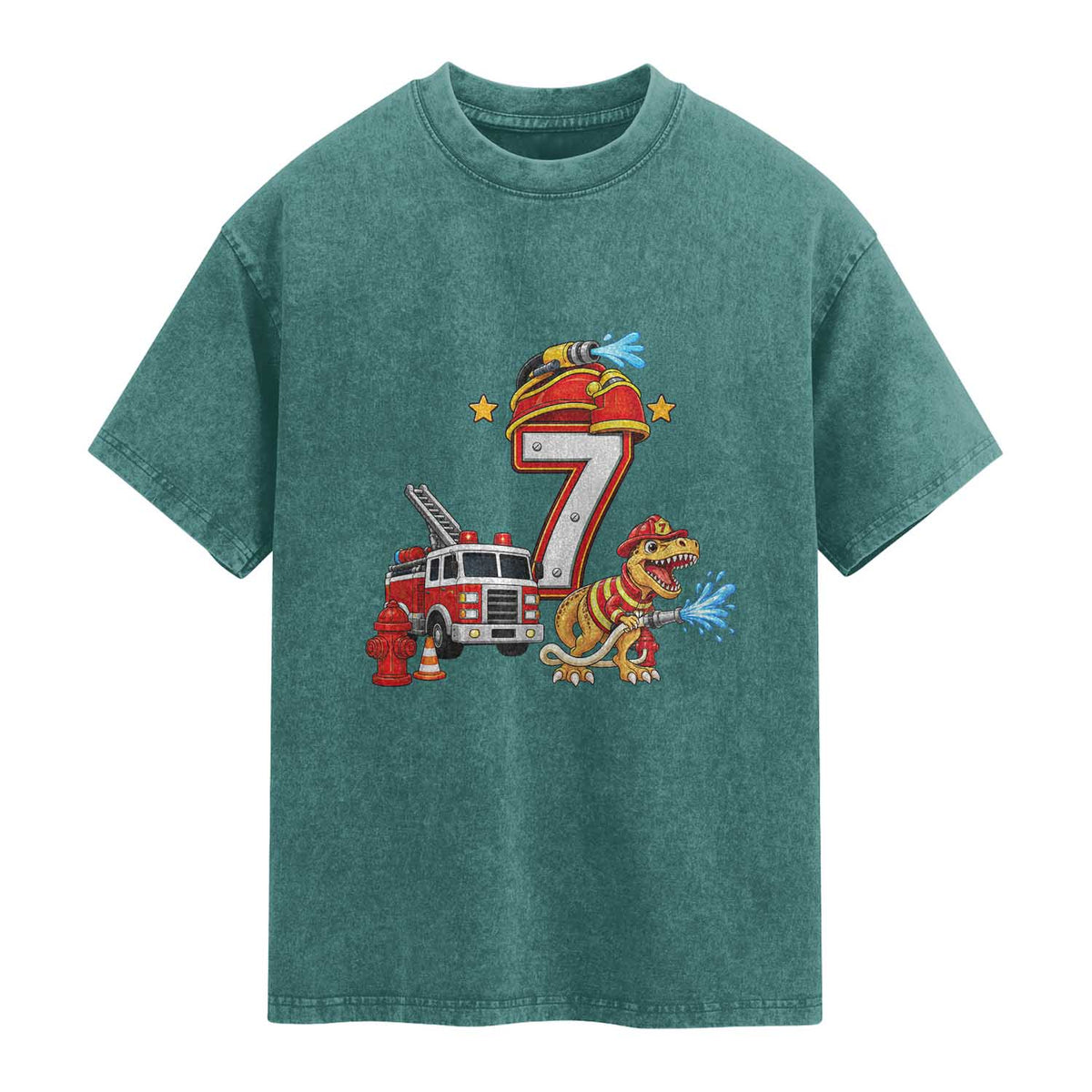 7th Birthday Firefighter Dinosaur Washed Cotton T-Shirt Fire Engine Seven Year Old Party Kids