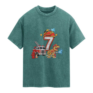 7th Birthday Firefighter Dinosaur Washed Cotton T-Shirt Fire Engine Seven Year Old Party Kids
