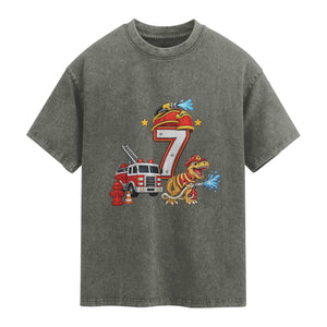 7th Birthday Firefighter Dinosaur Washed Cotton T-Shirt Fire Engine Seven Year Old Party Kids