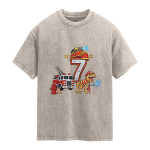 7th Birthday Firefighter Dinosaur Washed Cotton T-Shirt Fire Engine Seven Year Old Party Kids