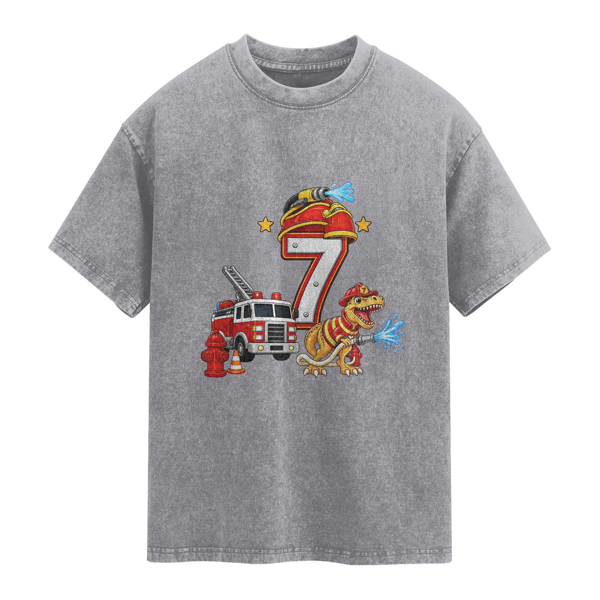 7th Birthday Firefighter Dinosaur Washed Cotton T-Shirt Fire Engine Seven Year Old Party Kids