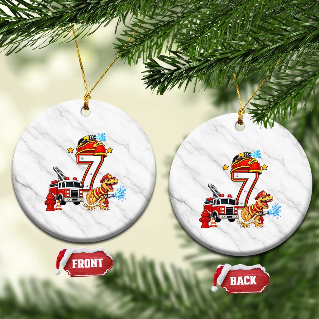 7th Birthday Firefighter Dinosaur Ceramic Ornament Fire Engine Seven Year Old Party Kids