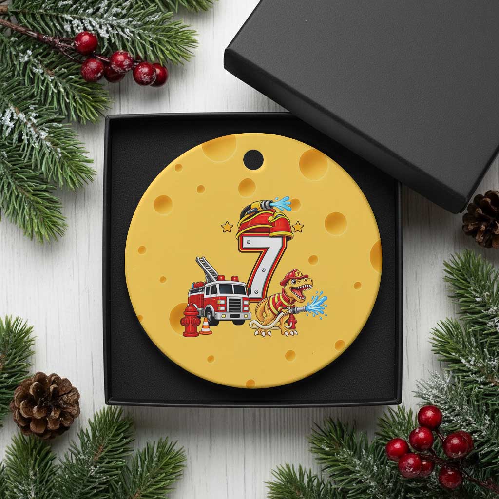 7th Birthday Firefighter Dinosaur Ceramic Ornament Fire Engine Seven Year Old Party Kids