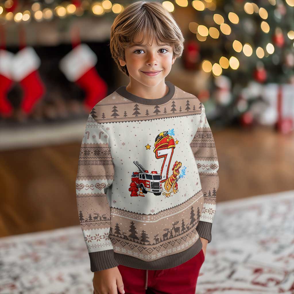 7th Birthday Firefighter Dinosaur Ugly Christmas Sweater Fire Engine Seven Year Old Party Kids