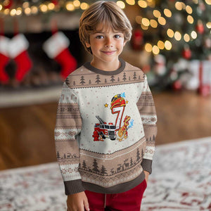 7th Birthday Firefighter Dinosaur Ugly Christmas Sweater Fire Engine Seven Year Old Party Kids