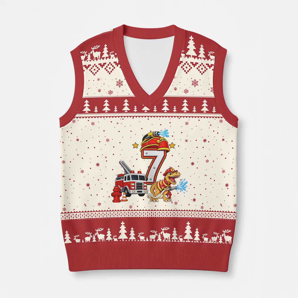 7th Birthday Firefighter Dinosaur V-Neck Knit Sweater Vest Fire Engine Seven Year Old Party Kids