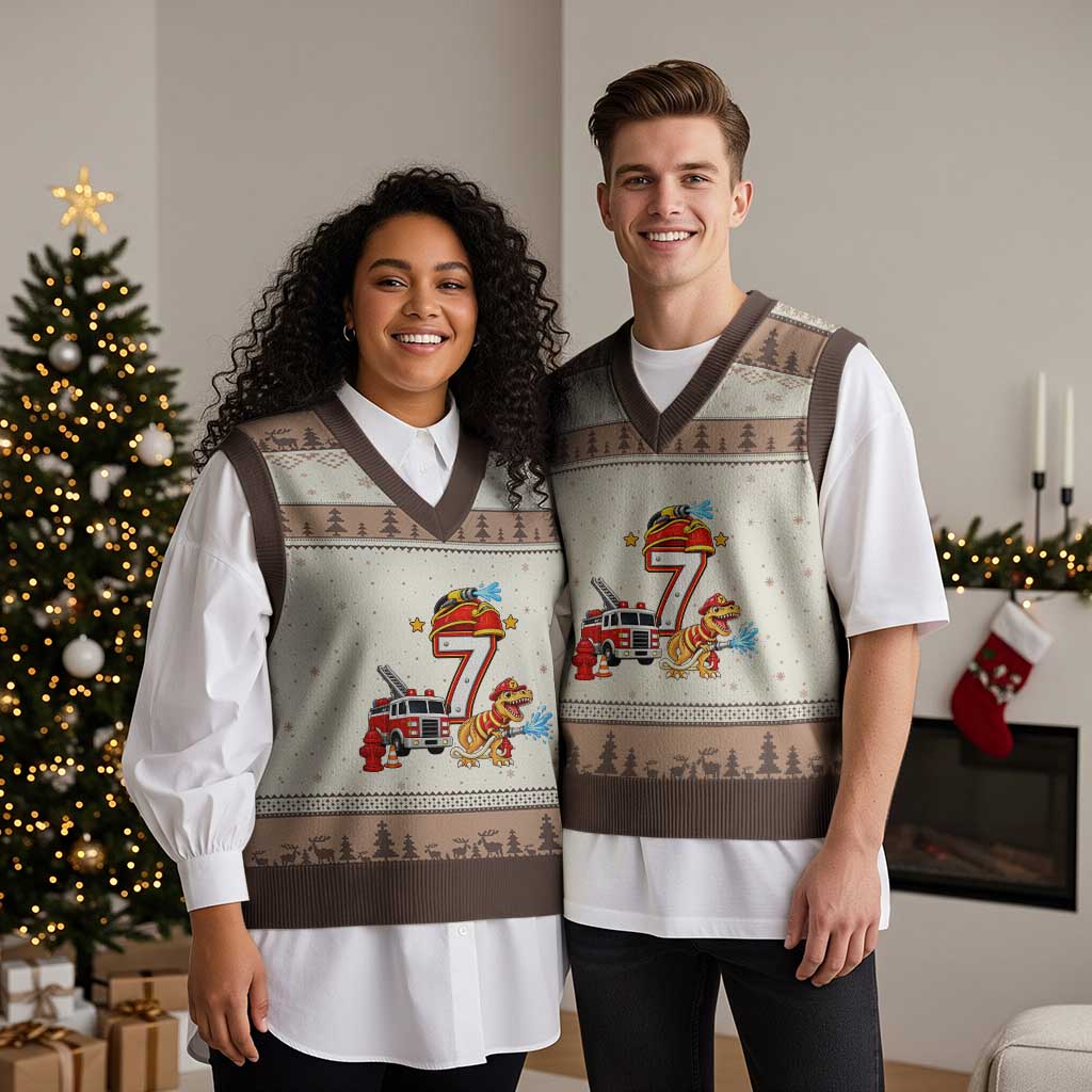 7th Birthday Firefighter Dinosaur V-Neck Knit Sweater Vest Fire Engine Seven Year Old Party Kids