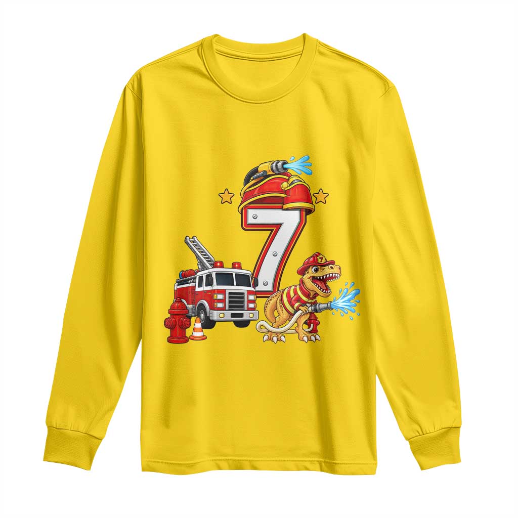 7th Birthday Firefighter Dinosaur Long Sleeve Shirt Fire Engine Seven Year Old Party Kids