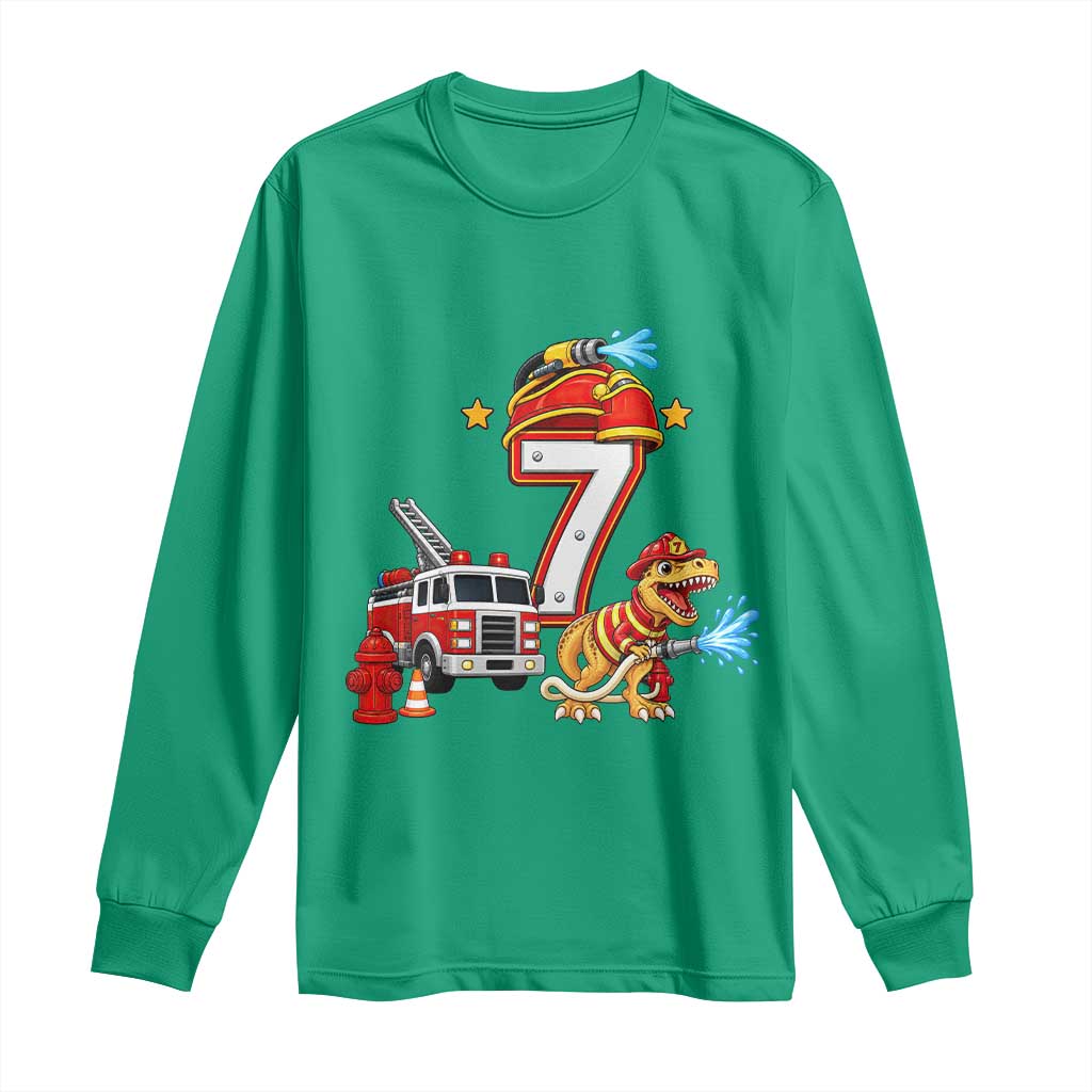 7th Birthday Firefighter Dinosaur Long Sleeve Shirt Fire Engine Seven Year Old Party Kids