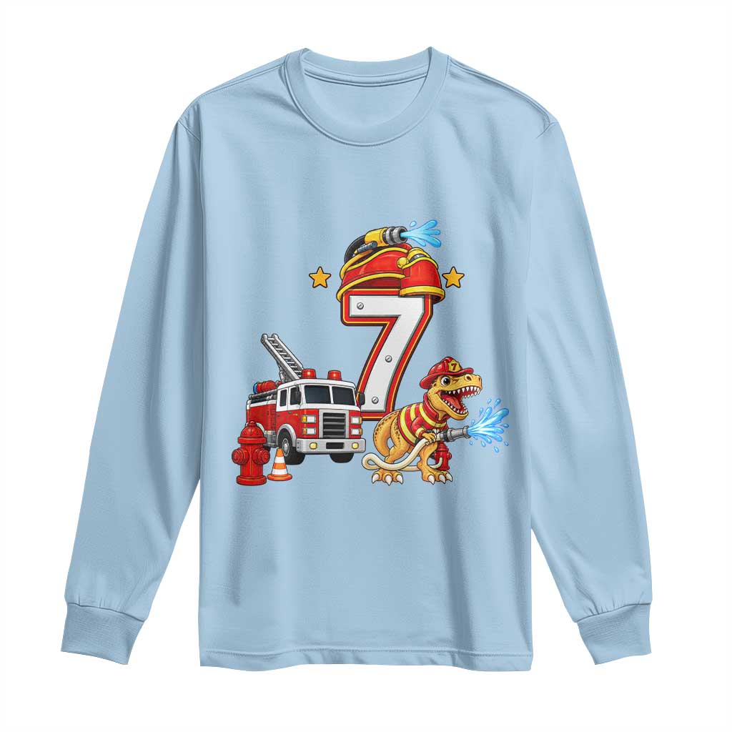 7th Birthday Firefighter Dinosaur Long Sleeve Shirt Fire Engine Seven Year Old Party Kids