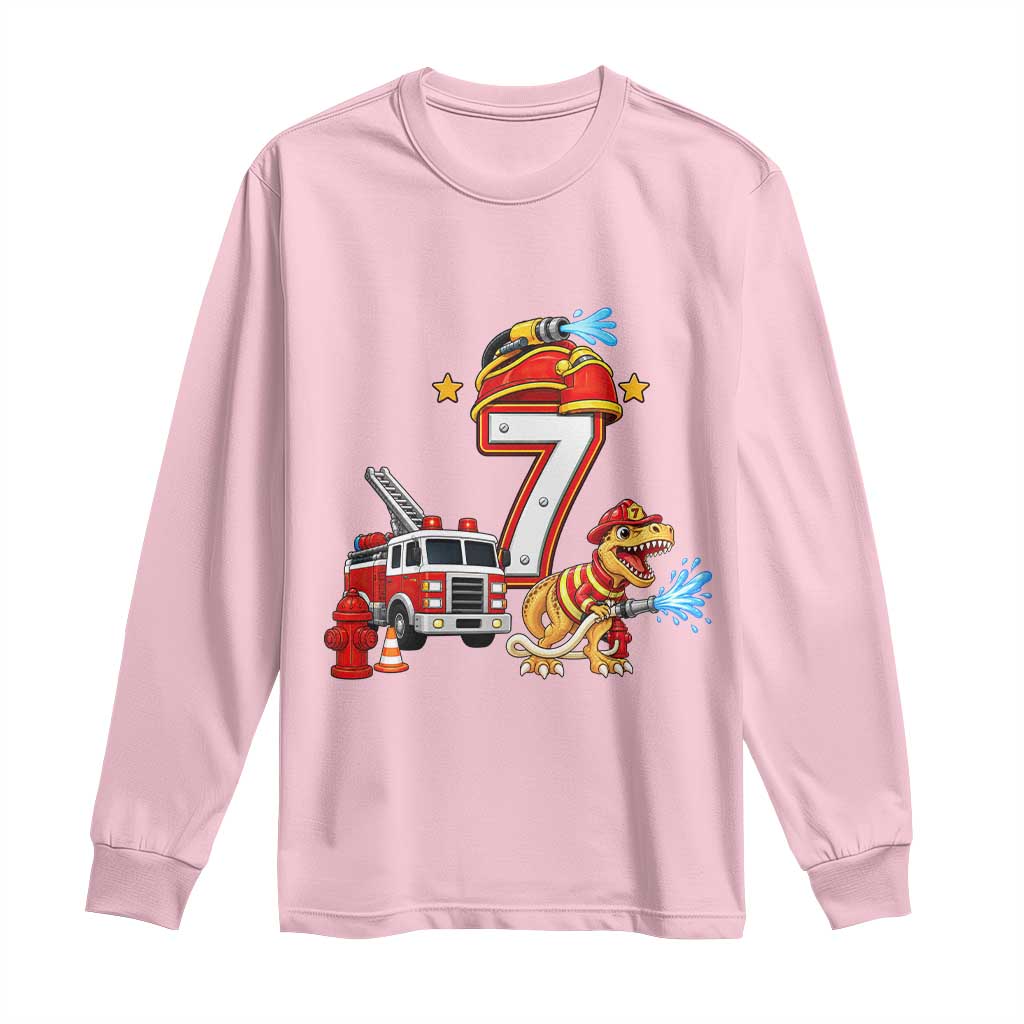7th Birthday Firefighter Dinosaur Long Sleeve Shirt Fire Engine Seven Year Old Party Kids