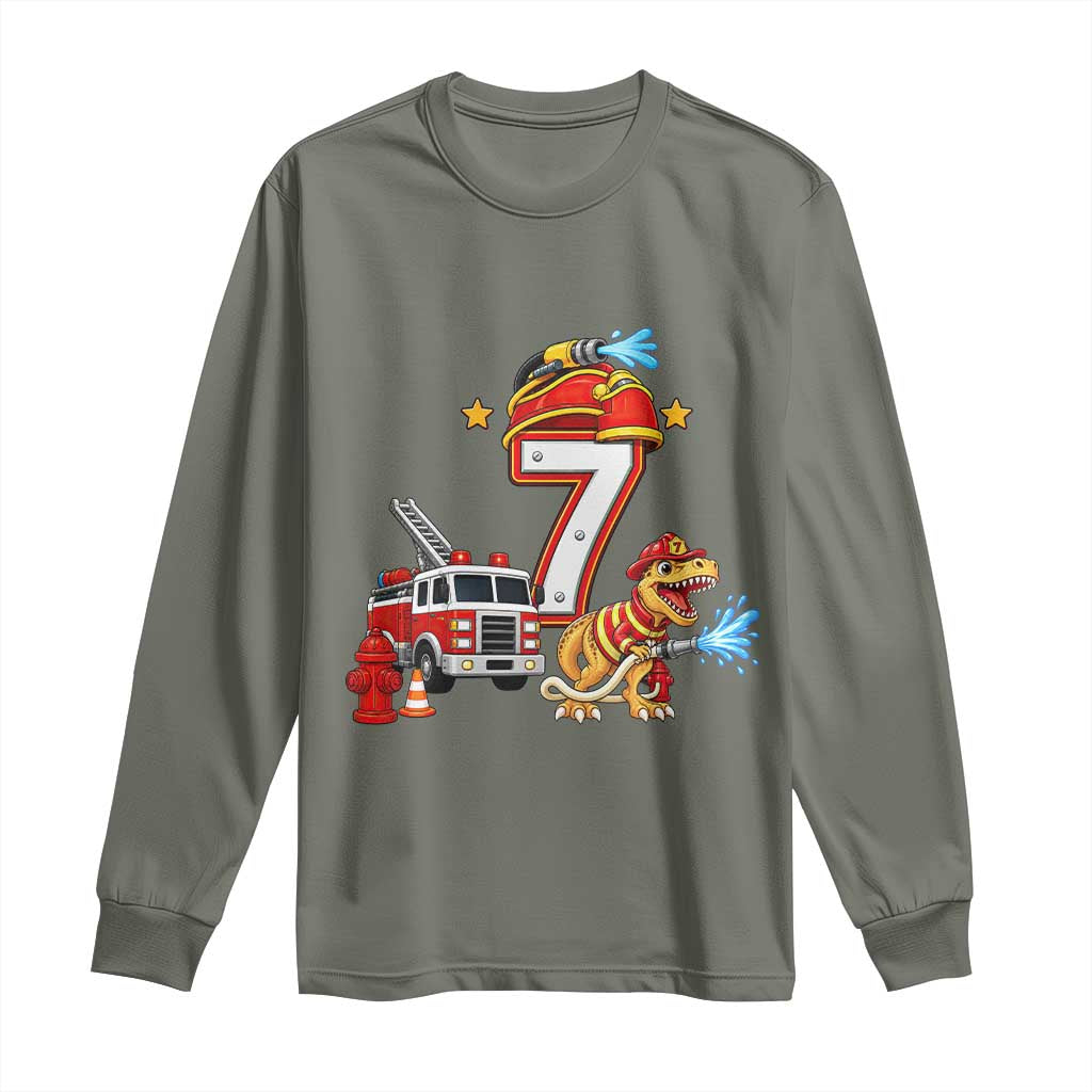 7th Birthday Firefighter Dinosaur Long Sleeve Shirt Fire Engine Seven Year Old Party Kids