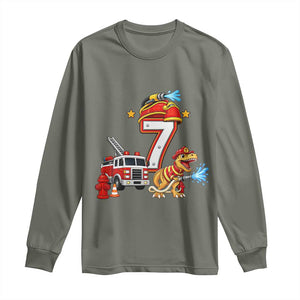 7th Birthday Firefighter Dinosaur Long Sleeve Shirt Fire Engine Seven Year Old Party Kids