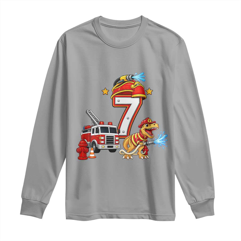 7th Birthday Firefighter Dinosaur Long Sleeve Shirt Fire Engine Seven Year Old Party Kids