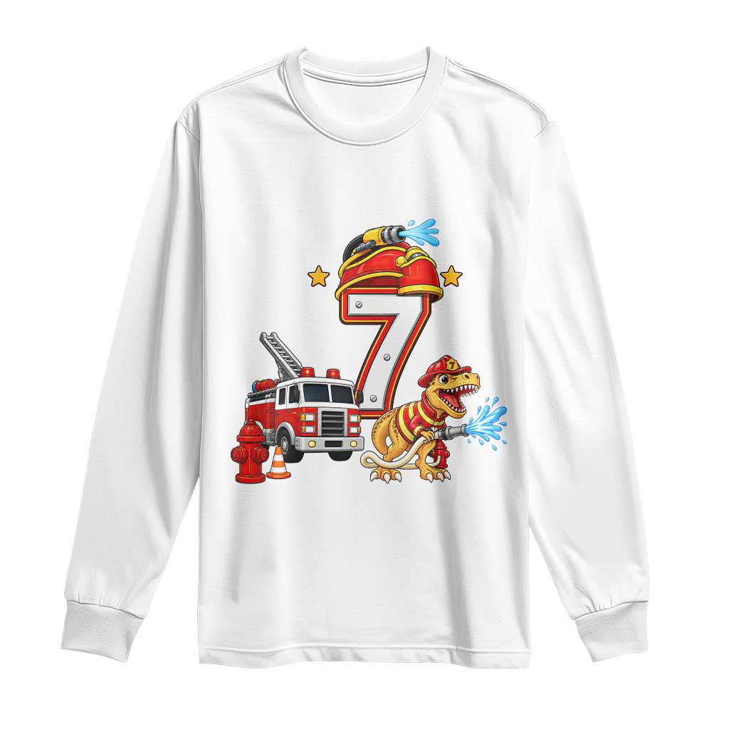 7th Birthday Firefighter Dinosaur Long Sleeve Shirt Fire Engine Seven Year Old Party Kids