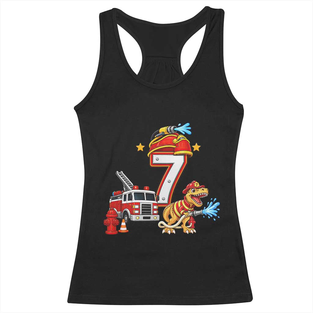 7th Birthday Firefighter Dinosaur Racerback Tank Top Fire Engine Seven Year Old Party Kids