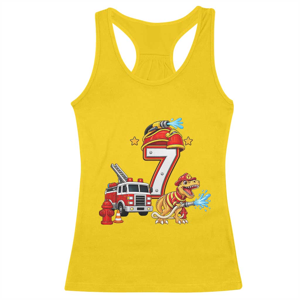 7th Birthday Firefighter Dinosaur Racerback Tank Top Fire Engine Seven Year Old Party Kids