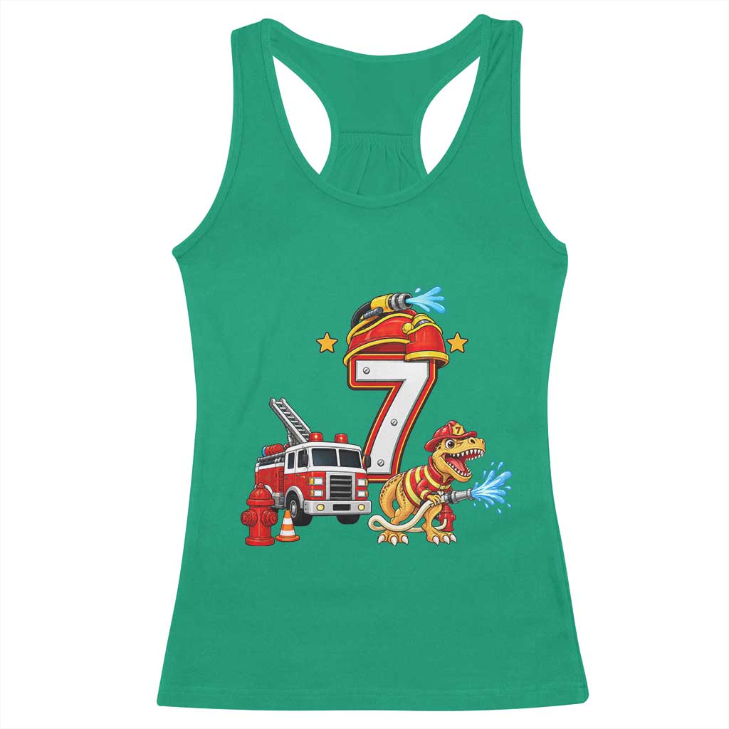 7th Birthday Firefighter Dinosaur Racerback Tank Top Fire Engine Seven Year Old Party Kids