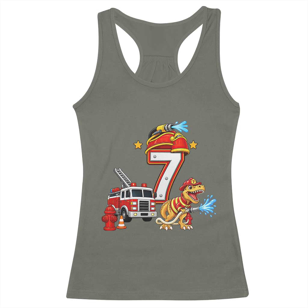 7th Birthday Firefighter Dinosaur Racerback Tank Top Fire Engine Seven Year Old Party Kids