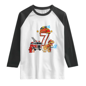 7th Birthday Firefighter Dinosaur Raglan Shirt Fire Engine Seven Year Old Party Kids