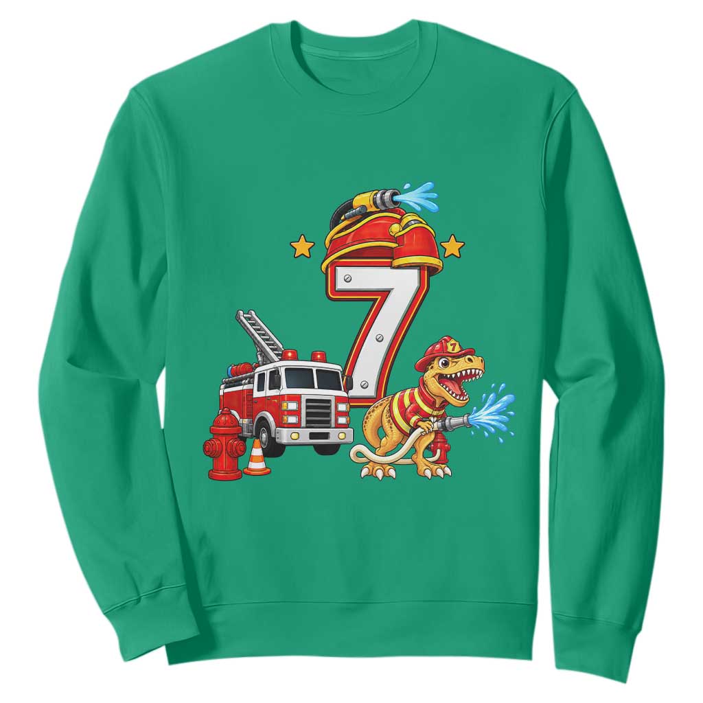 7th Birthday Firefighter Dinosaur Sweatshirt Fire Engine Seven Year Old Party Kids