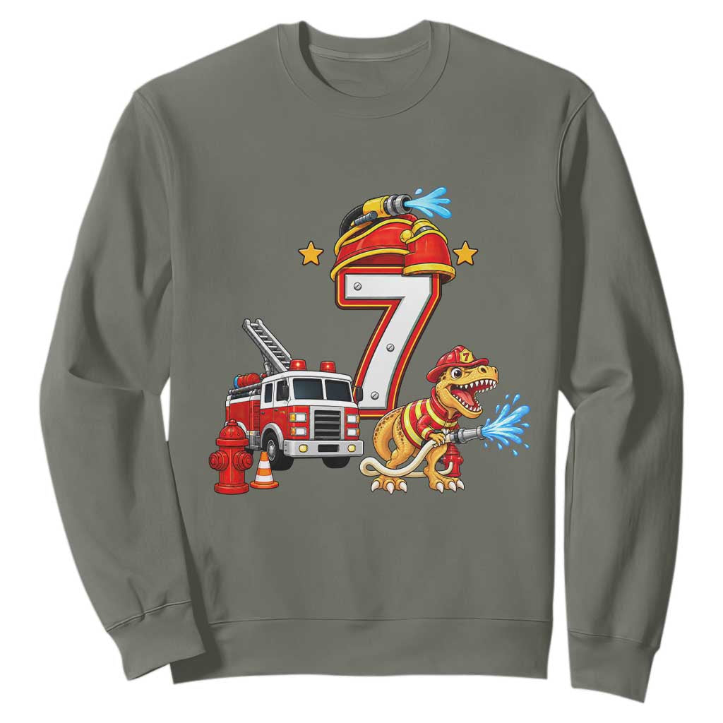 7th Birthday Firefighter Dinosaur Sweatshirt Fire Engine Seven Year Old Party Kids