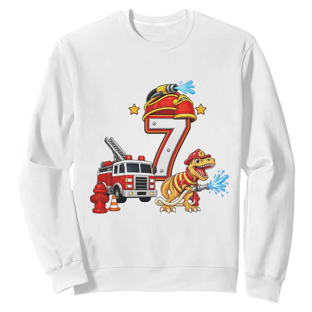 7th Birthday Firefighter Dinosaur Sweatshirt Fire Engine Seven Year Old Party Kids