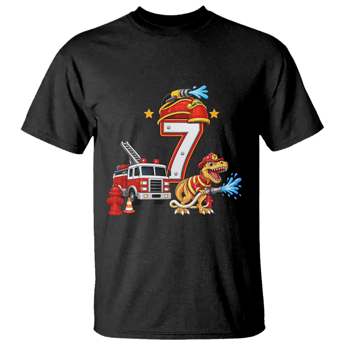 7th Birthday Firefighter Dinosaur T Shirt Fire Engine Seven Year Old Party Kids