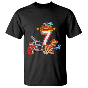 7th Birthday Firefighter Dinosaur T Shirt Fire Engine Seven Year Old Party Kids