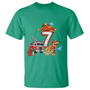 7th Birthday Firefighter Dinosaur T Shirt Fire Engine Seven Year Old Party Kids