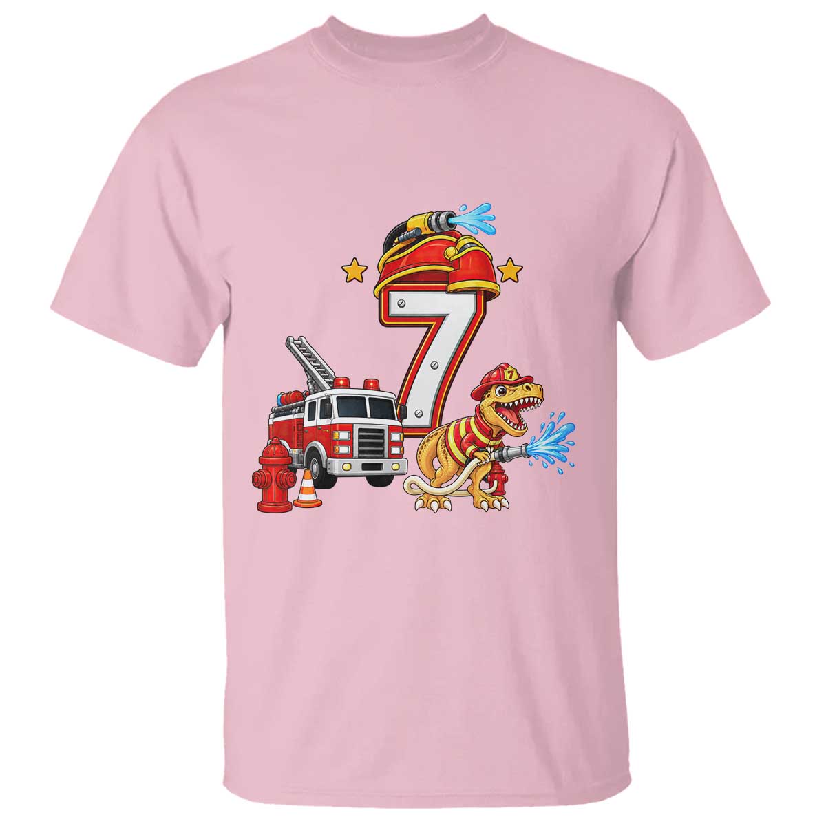 7th Birthday Firefighter Dinosaur T Shirt Fire Engine Seven Year Old Party Kids