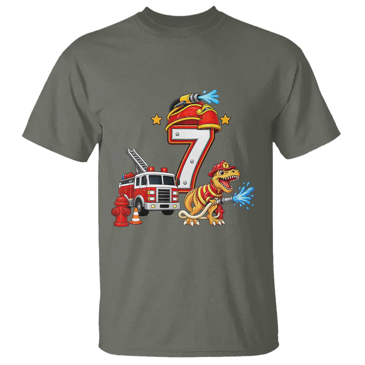 7th Birthday Firefighter Dinosaur T Shirt Fire Engine Seven Year Old Party Kids