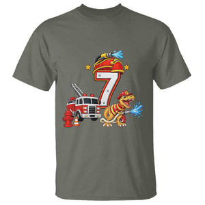 7th Birthday Firefighter Dinosaur T Shirt Fire Engine Seven Year Old Party Kids