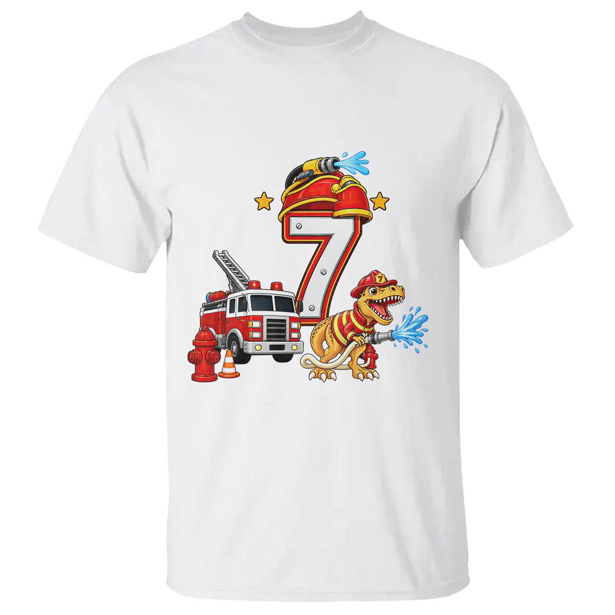 7th Birthday Firefighter Dinosaur T Shirt Fire Engine Seven Year Old Party Kids