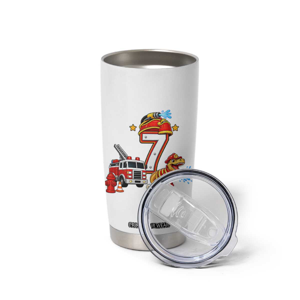 7th Birthday Firefighter Dinosaur Tumbler Cup Fire Engine Seven Year Old Party Kids