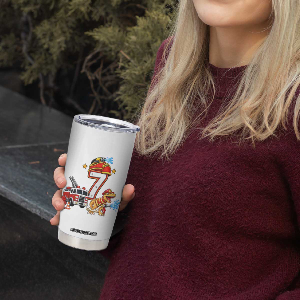 7th Birthday Firefighter Dinosaur Tumbler Cup Fire Engine Seven Year Old Party Kids