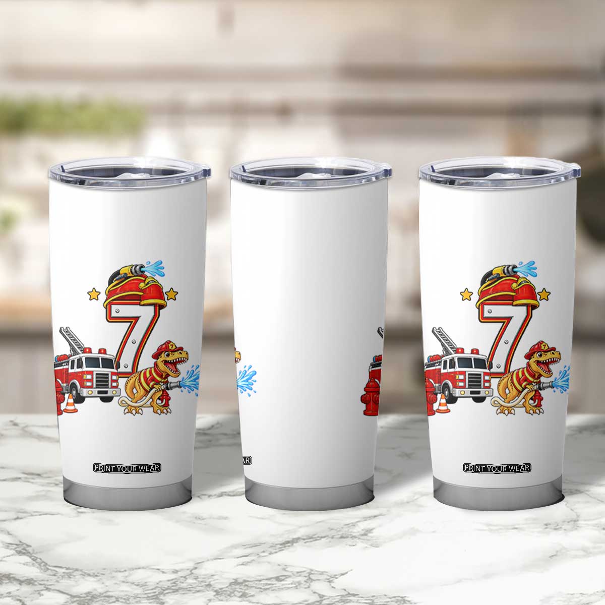 7th Birthday Firefighter Dinosaur Tumbler Cup Fire Engine Seven Year Old Party Kids