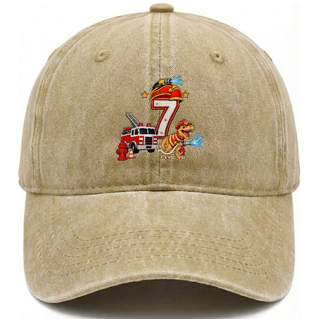 7th Birthday Firefighter Dinosaur Washed Cotton Baseball Cap Fire Engine Seven Year Old Party Kids