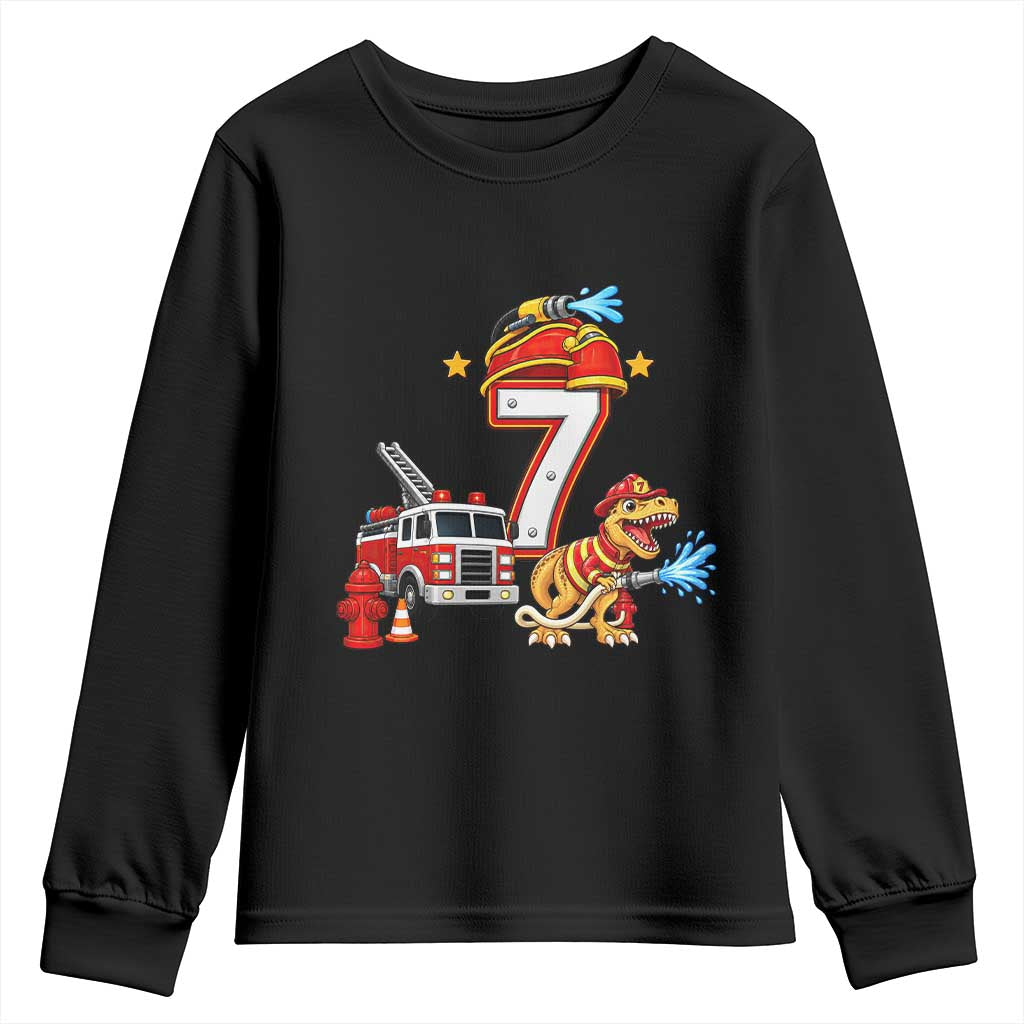 7th Birthday Firefighter Dinosaur Youth Sweatshirt Fire Engine Seven Year Old Party Kids