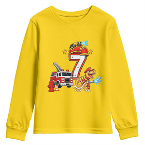 7th Birthday Firefighter Dinosaur Youth Sweatshirt Fire Engine Seven Year Old Party Kids