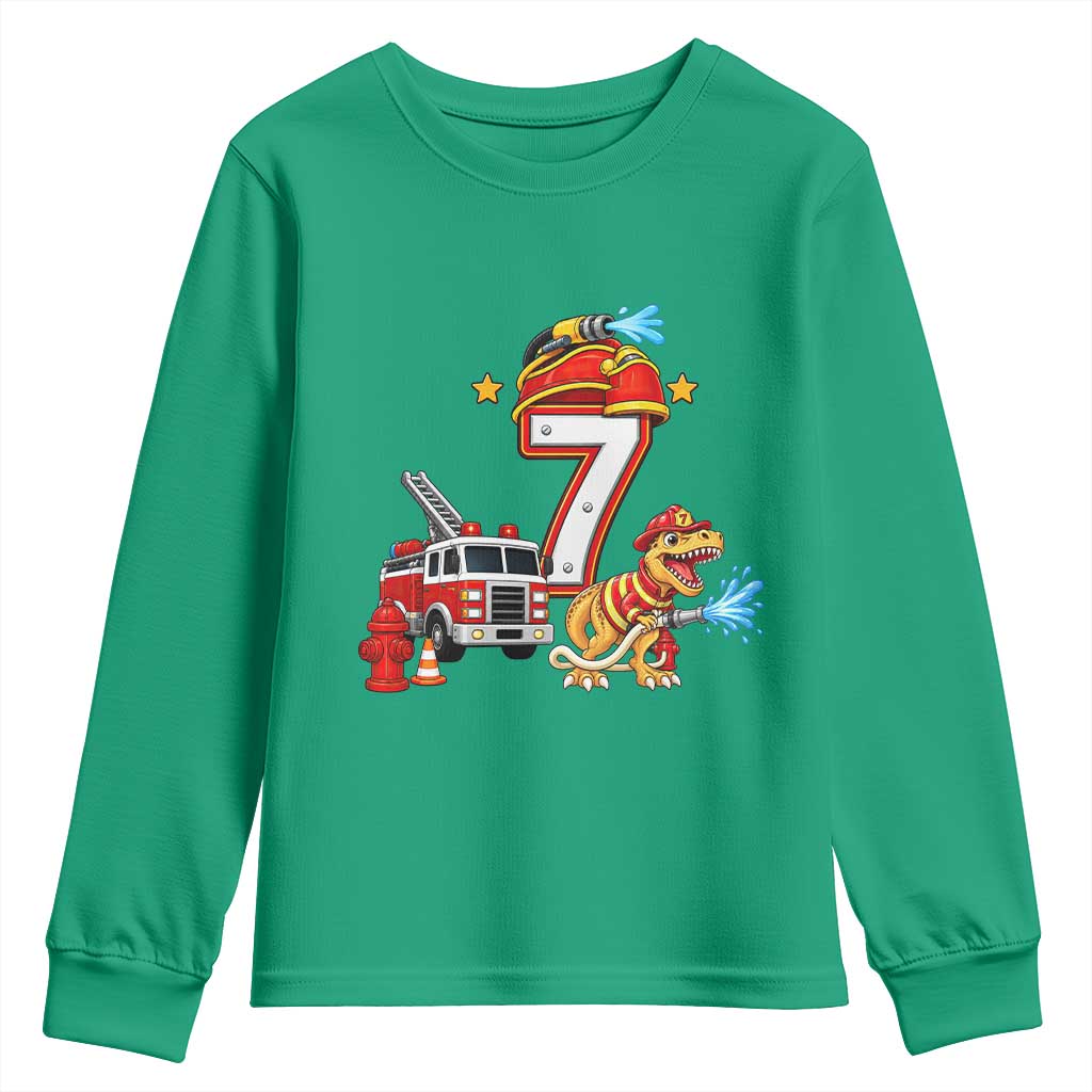 7th Birthday Firefighter Dinosaur Youth Sweatshirt Fire Engine Seven Year Old Party Kids