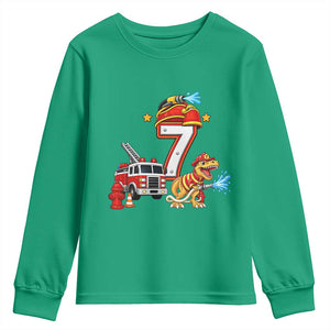 7th Birthday Firefighter Dinosaur Youth Sweatshirt Fire Engine Seven Year Old Party Kids
