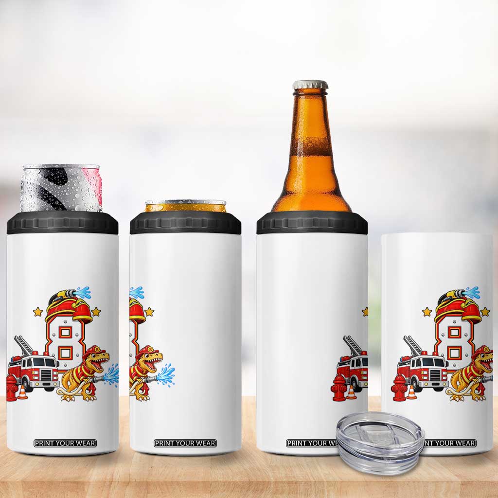 8th Birthday Firefighter Dinosaur 4 in 1 Can Cooler Tumbler Fire Engine Eight Year Old Party Kids