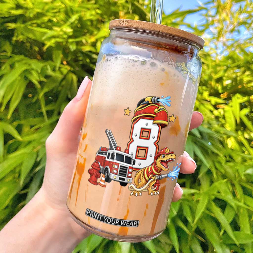 8th Birthday Firefighter Dinosaur Glass Can Fire Engine Eight Year Old Party Kids