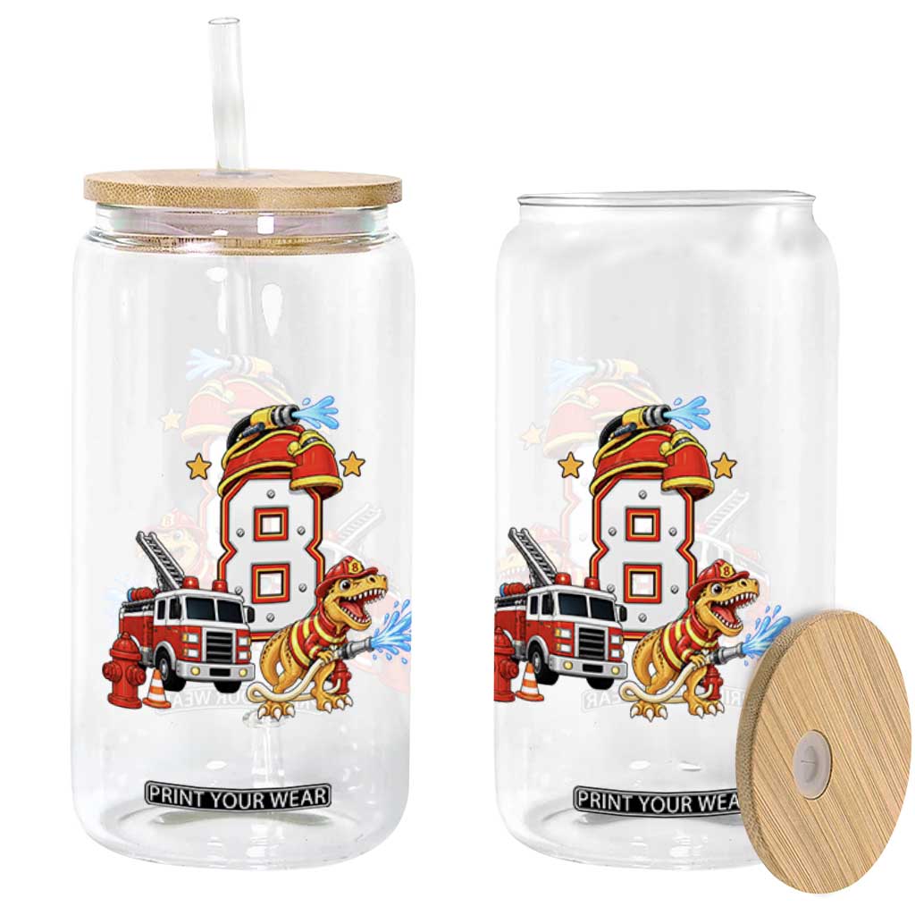 8th Birthday Firefighter Dinosaur Glass Can Fire Engine Eight Year Old Party Kids