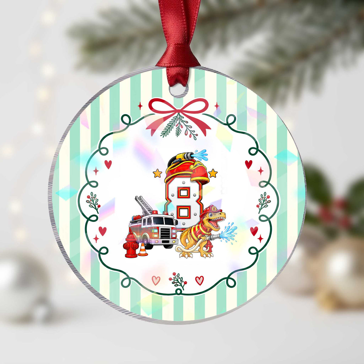 8th Birthday Firefighter Dinosaur Holographic Acrylic Ornament Fire Engine Eight Year Old Party Kids