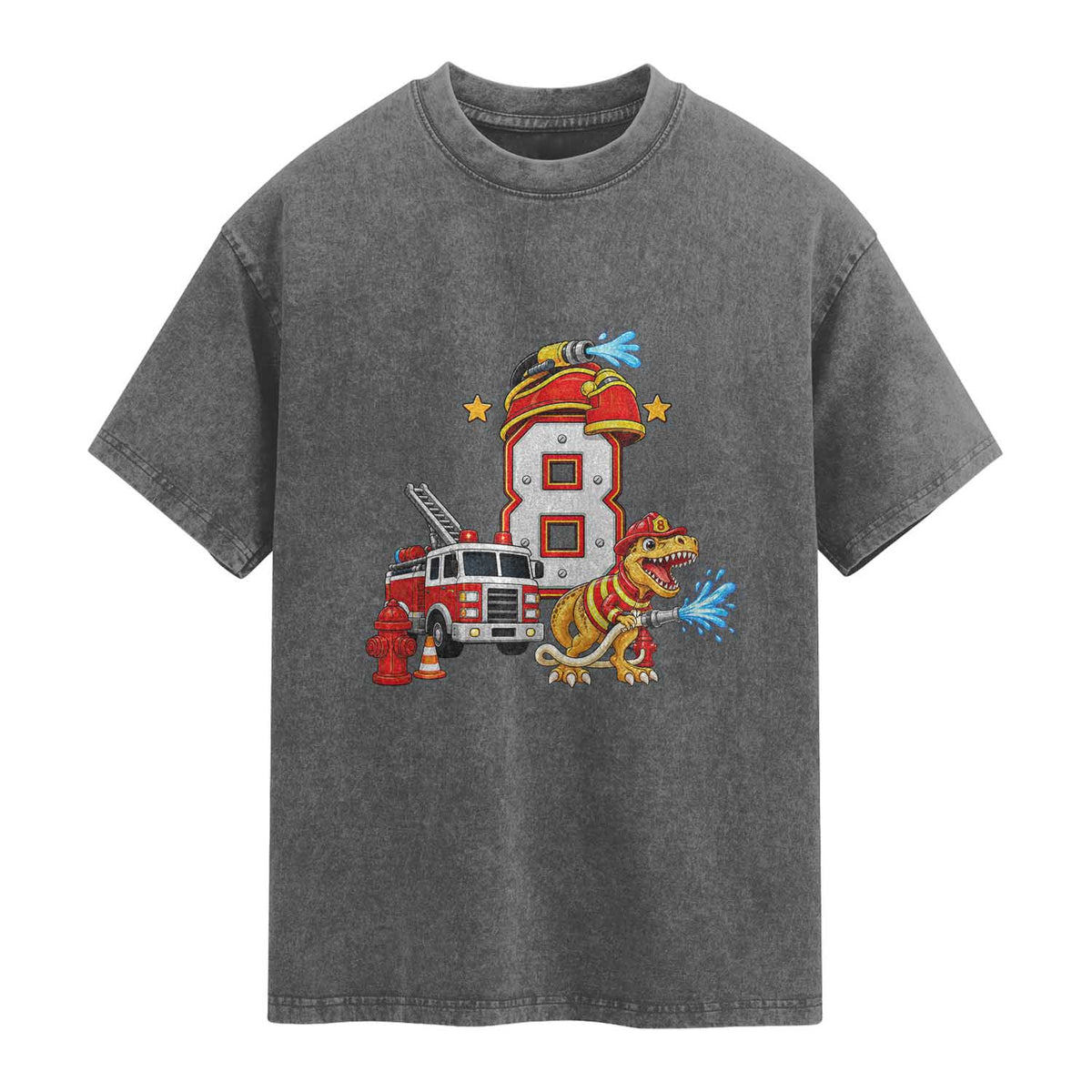 8th Birthday Firefighter Dinosaur Washed Cotton T-Shirt Fire Engine Eight Year Old Party Kids