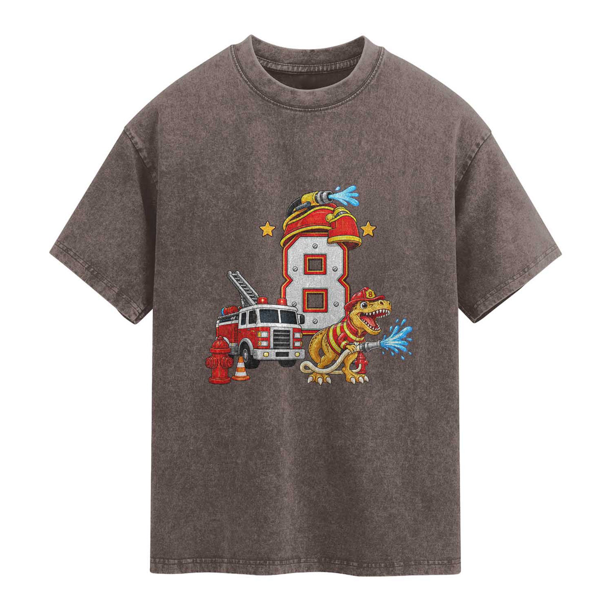 8th Birthday Firefighter Dinosaur Washed Cotton T-Shirt Fire Engine Eight Year Old Party Kids